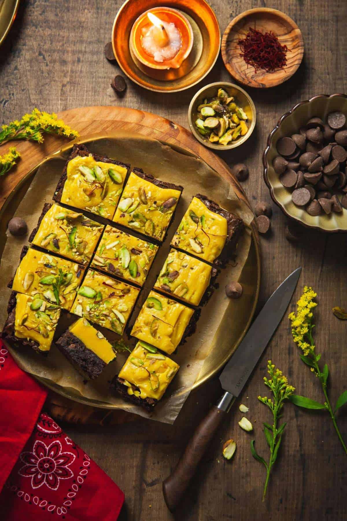 Brownie Burfi Bites on a gold tray with diwali divas.