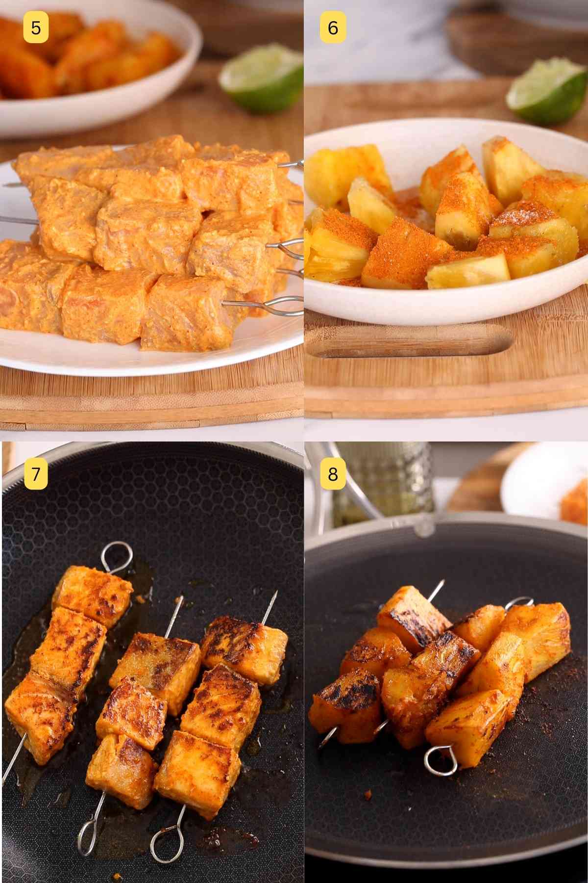 Pan frying salmon & pineapple tikka.