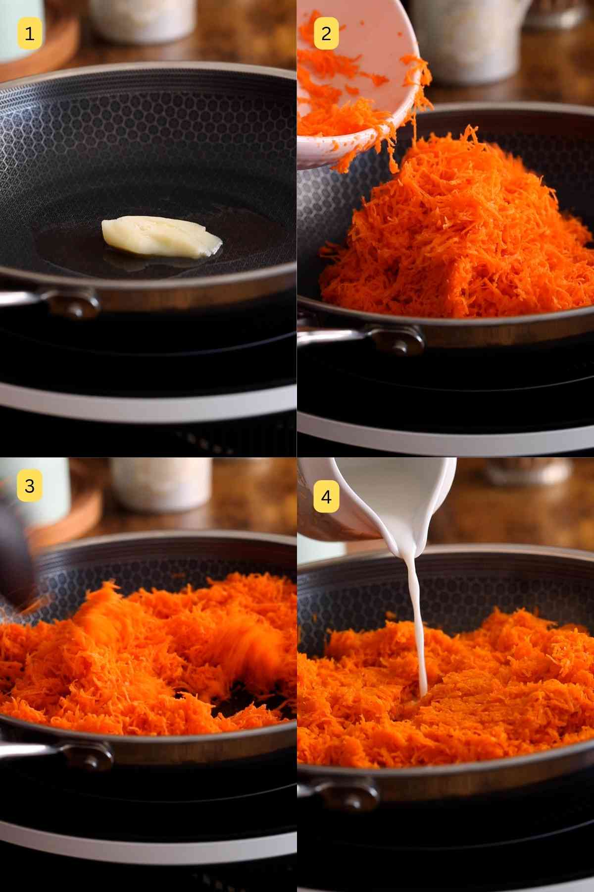 Cooking shredded carrots in ghee and milk.