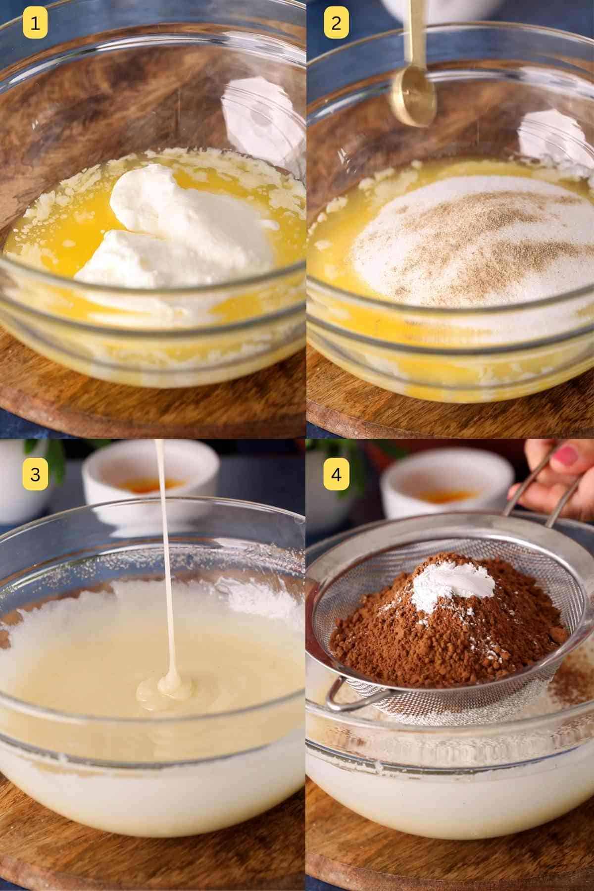 Mixing wet ingredints for making brownie. 