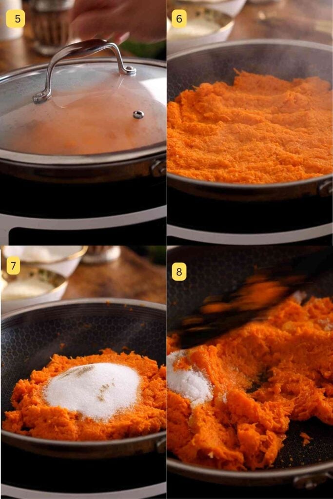 Adding sugar to the carrot mixture.