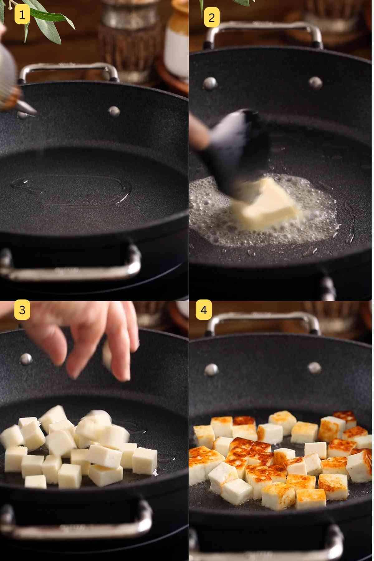 Steps images of shallow frying paneer.