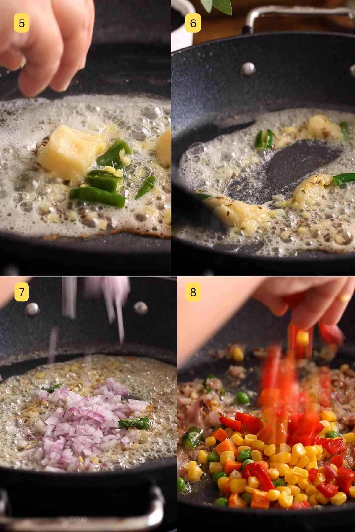 Step images of making masala for making pulao.