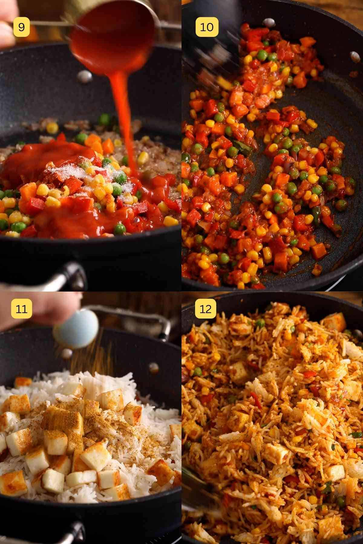 Stir frying and adding sauce to pulao with panner and rice.