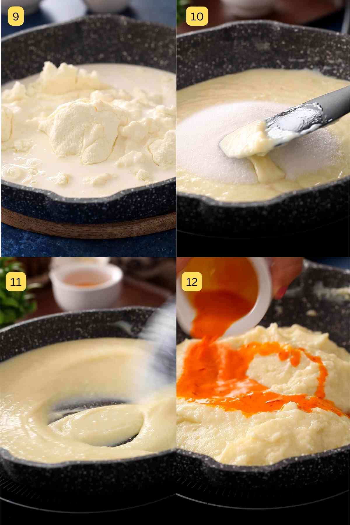 Mixing burfi layer ingredints in a pan.