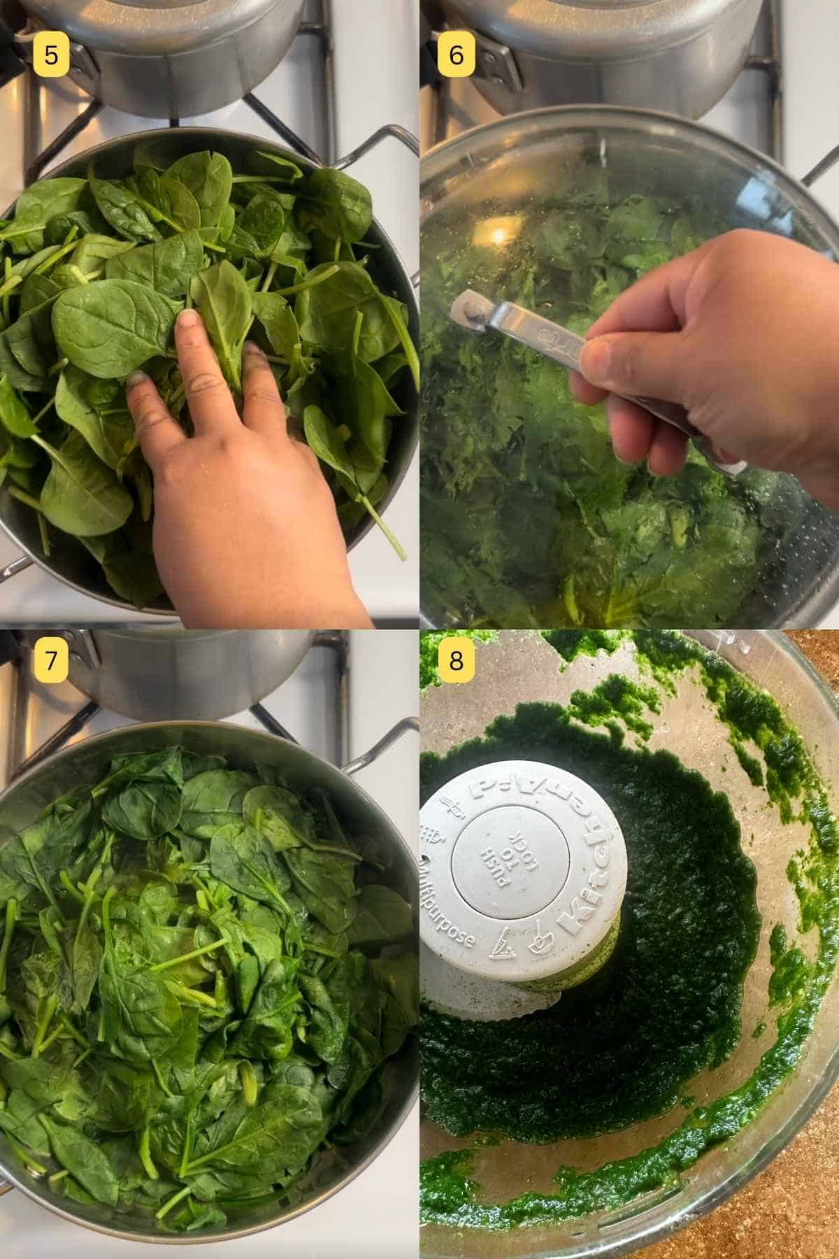 Photos showing how to make smooth spinach puree. 
