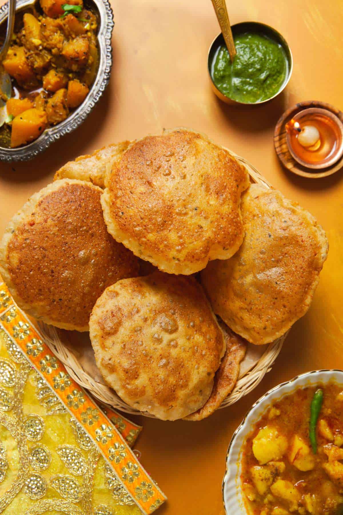 Close up image of bedmi poori.