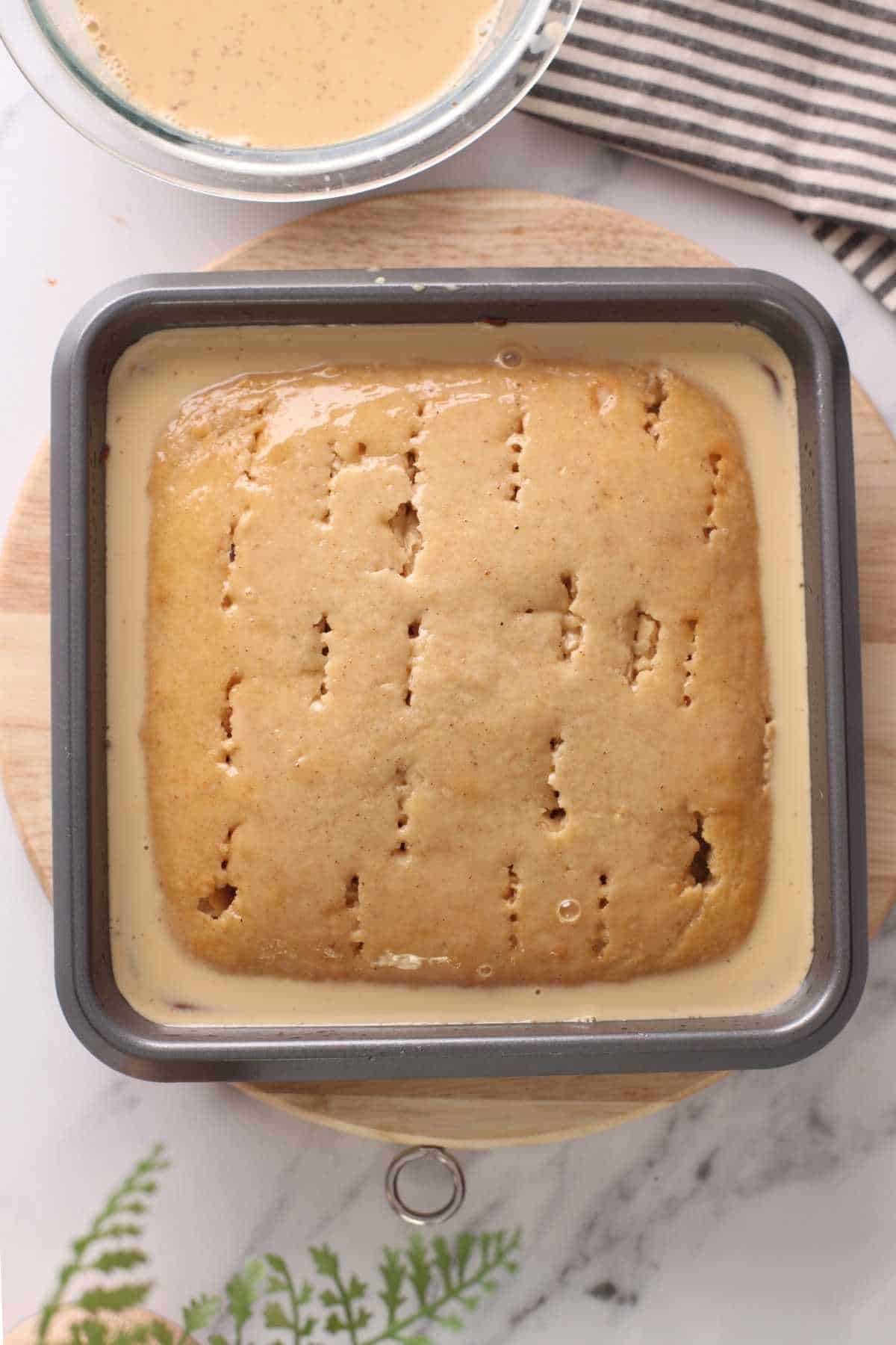 Baked cake soaked in the masala chai infuded milk mixture.