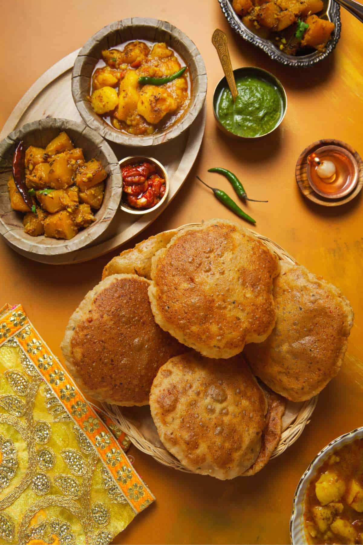 Bedmi Poori on a jute baskedt served with potato curry. 