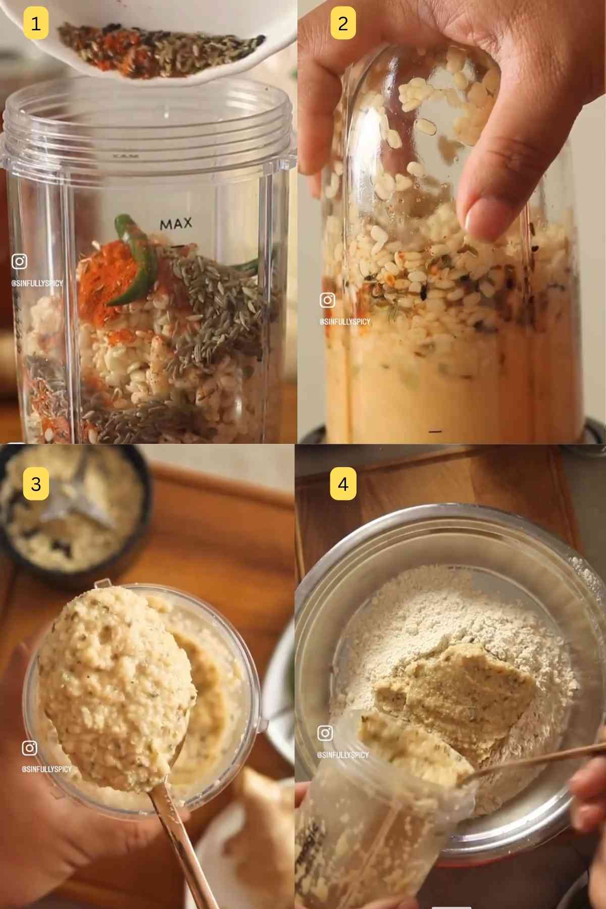 Grinding urad lentils and spices.