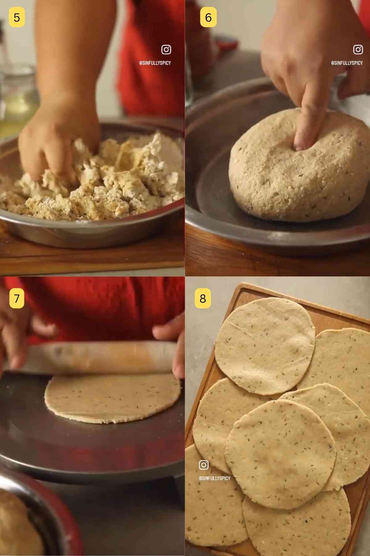 Making dough and rolling bedmi puri.
