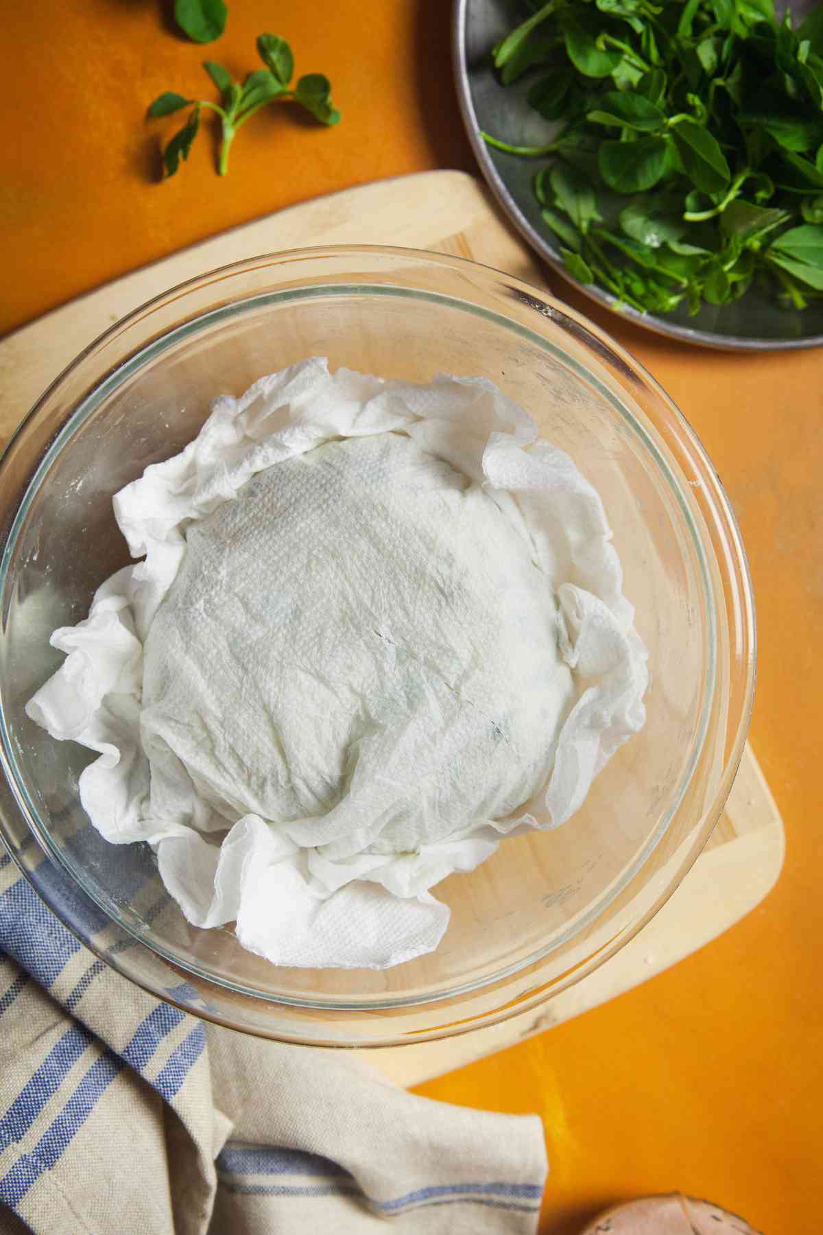 Naan dough covered with a damp paper towel and resting.