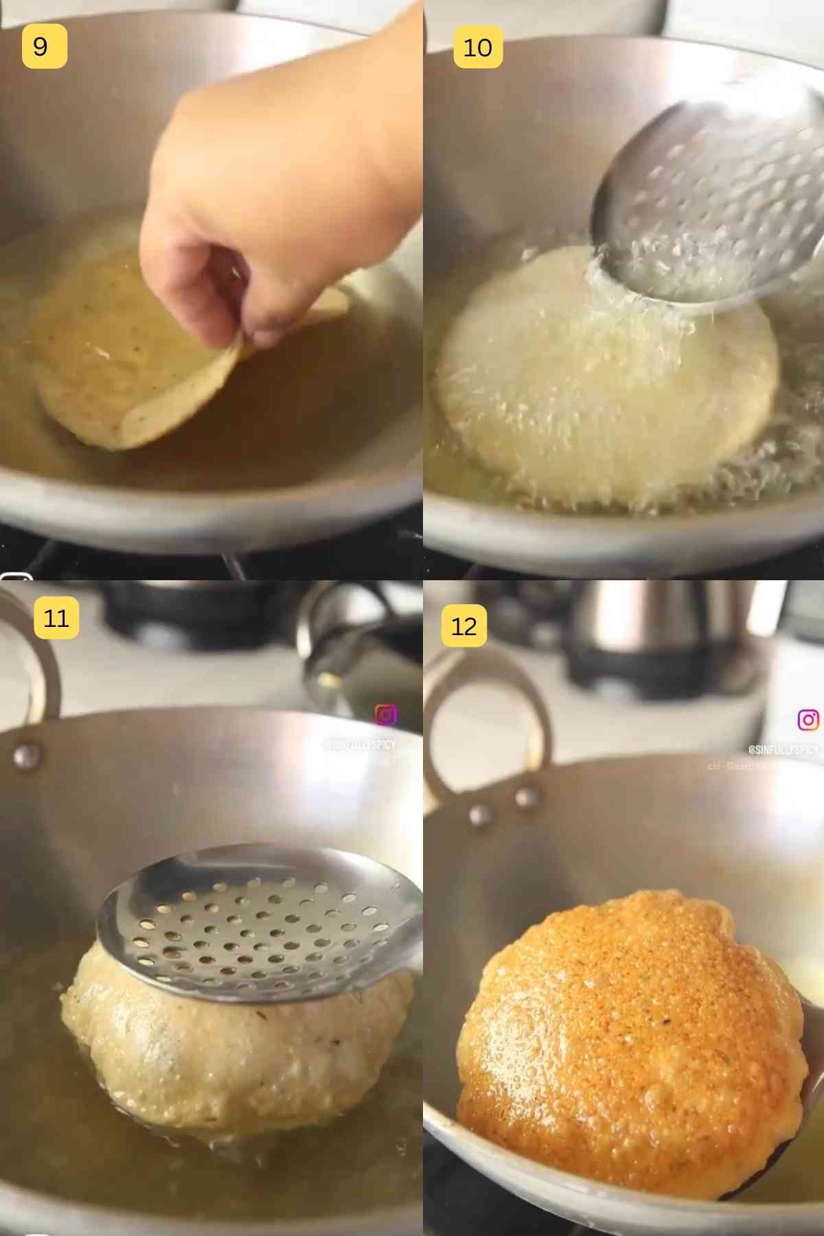 Deepy frying bedmi poori in a kadai(indian wok).