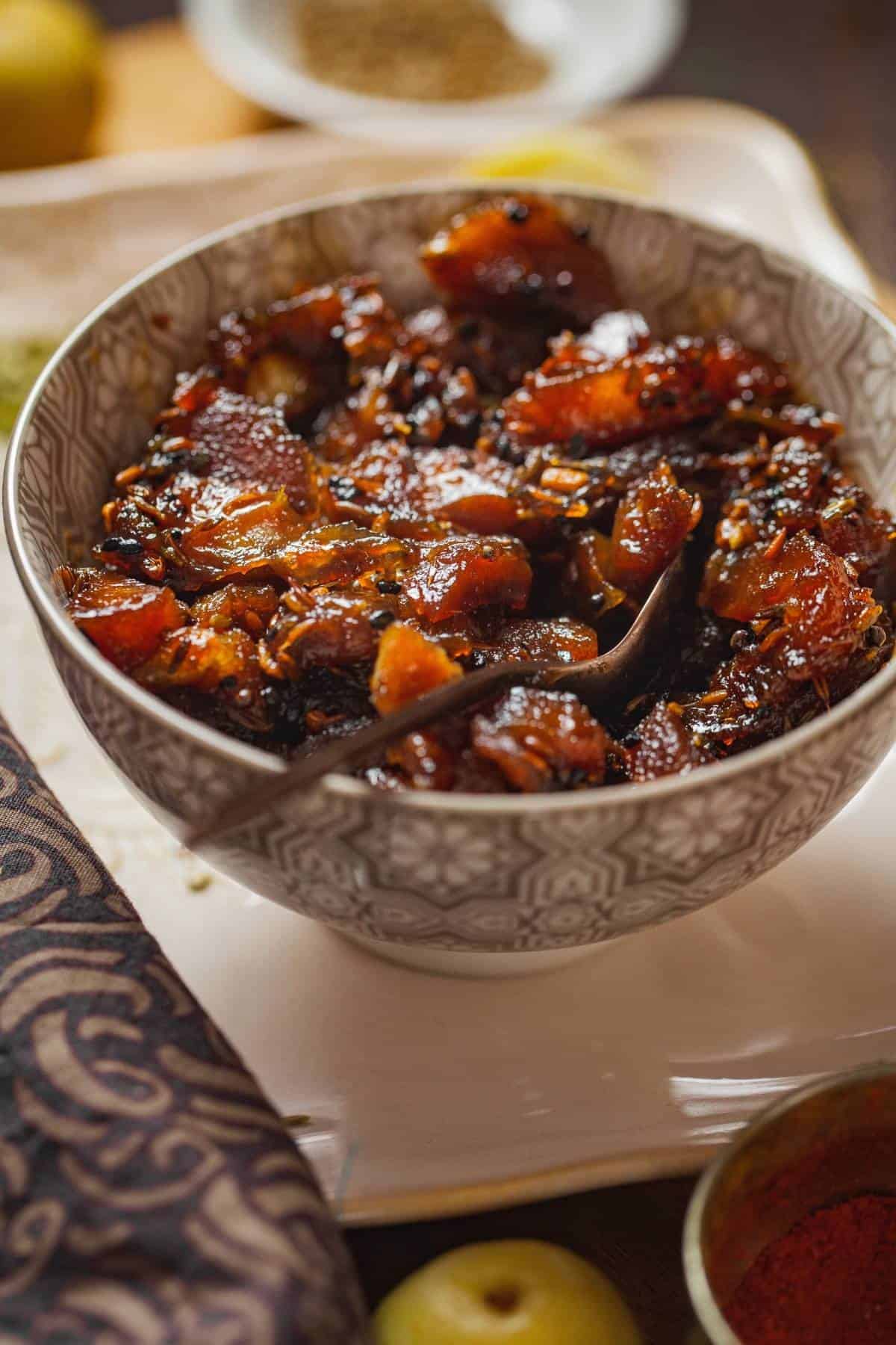 A bowl of amla launji in backlight. 
