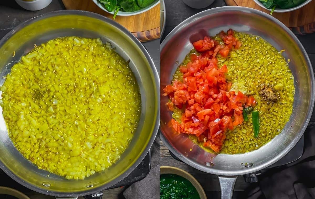 Making masala base with onions and tomatoes for the spinach curry sauce. 