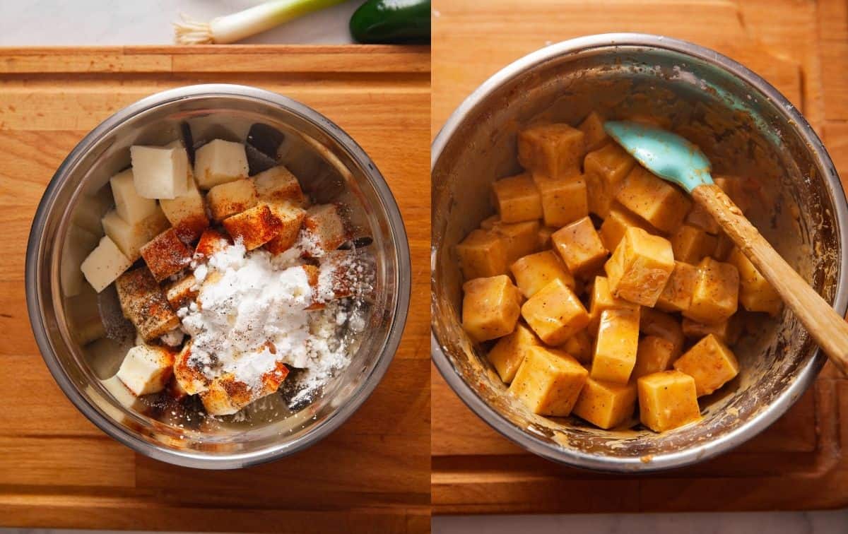 Bang Bang Paneer- Mixing Paneer with soy, chili, cornstarch & salt