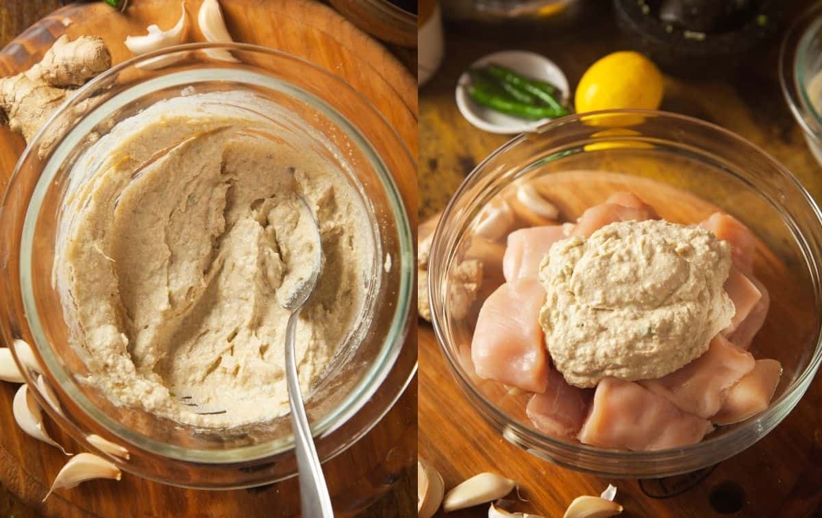 Process shots while making chicken malai tikka. Marinade is ready for the tikka. 