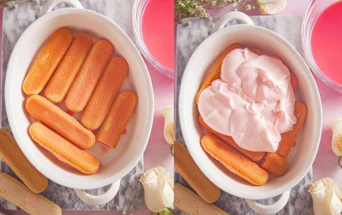 Ladyfinger dipped and layered while making rose tiramisu recipe
