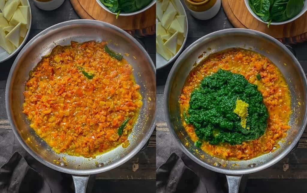 Adding pureed spinach to the onion tomato masala. 