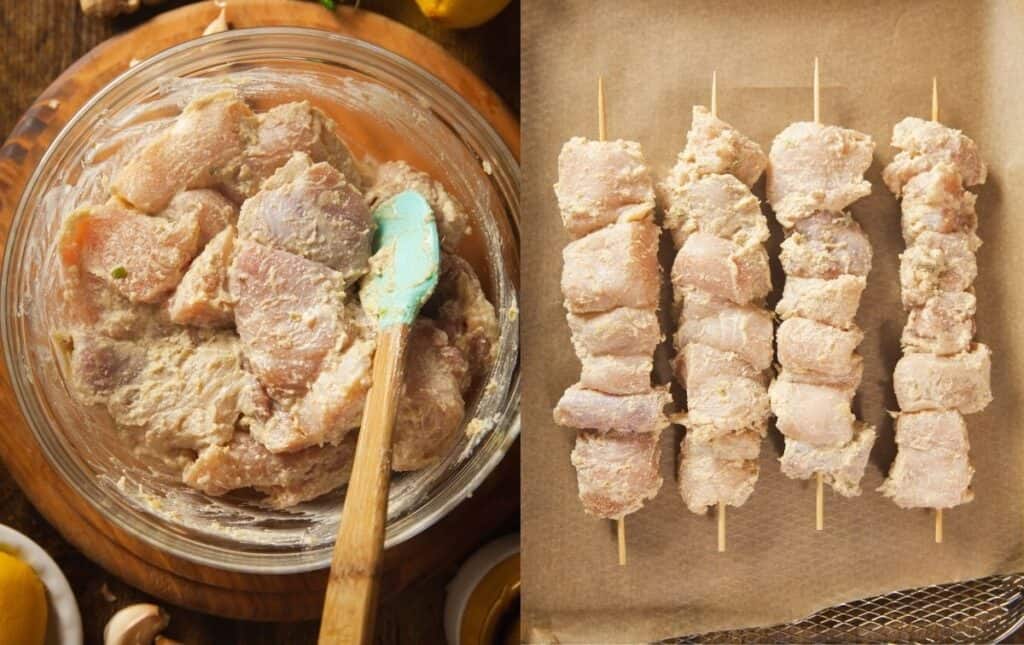 Process shots while making chicken malai tikka. Marinated chicken & Chicken on skewers ready to be cooked.