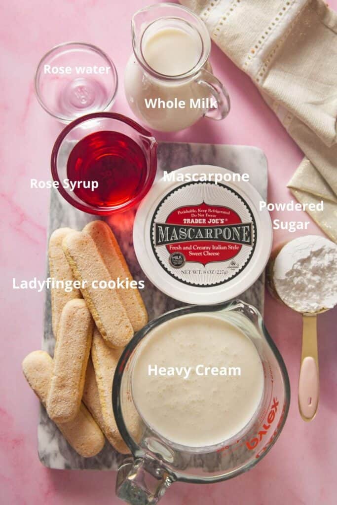 A shot of Ingredients needed to make Rose Tiramisu recipe