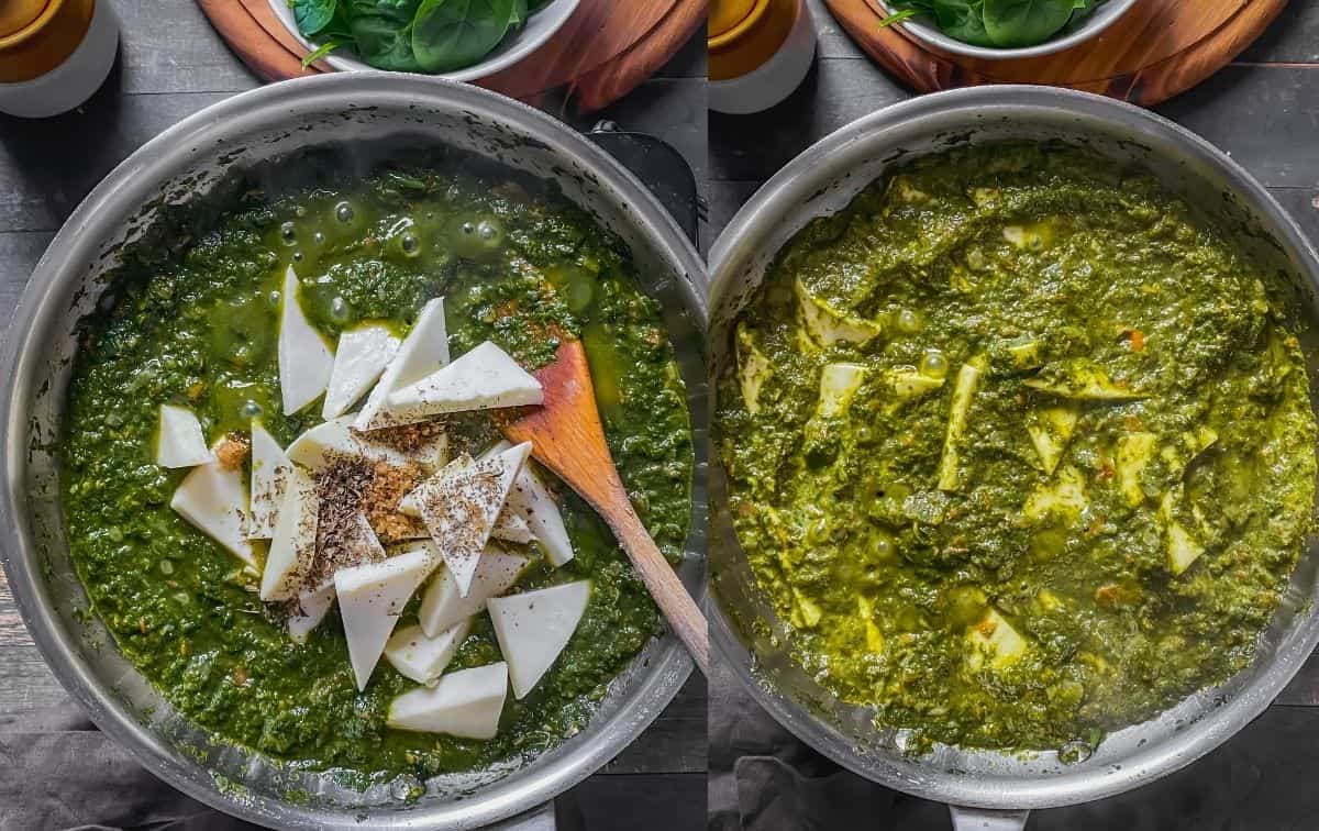 Adding paneer & garam masala to the spiced spinach sauce. 