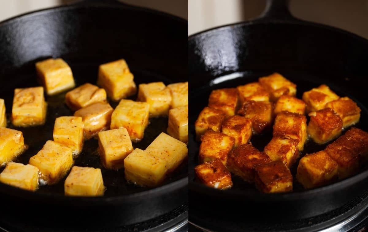 Shallow frying paneer to make bang bang paneer