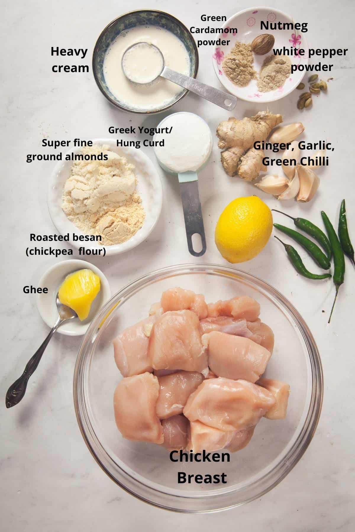 Ingredients Needed For Making Chicken Reshmi Tikka.