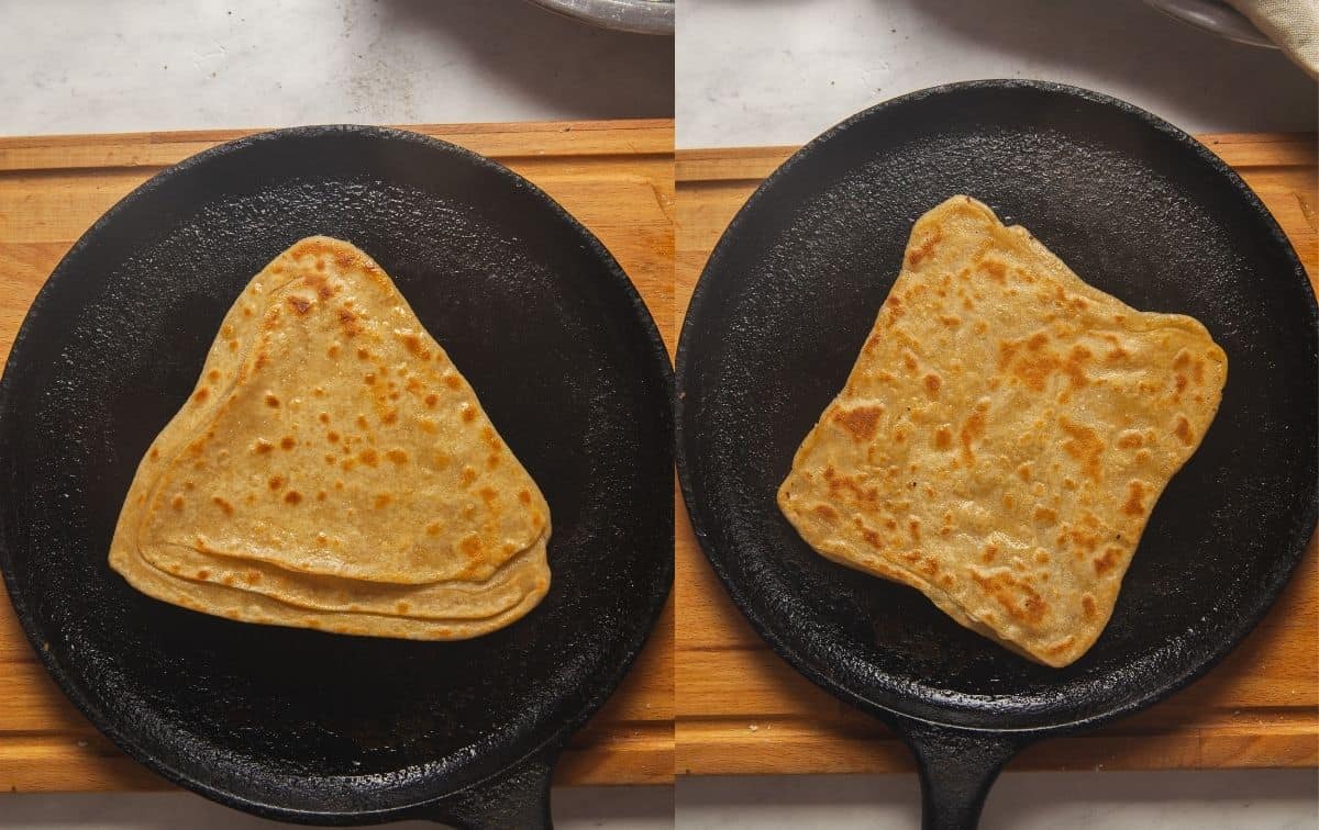 Square and Triangle paratha frying on griddle