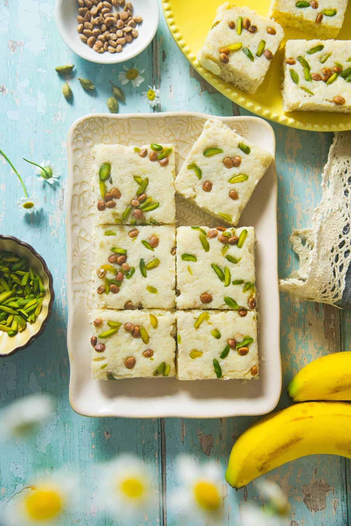 Banana Burfi Squares in a Serving Plate