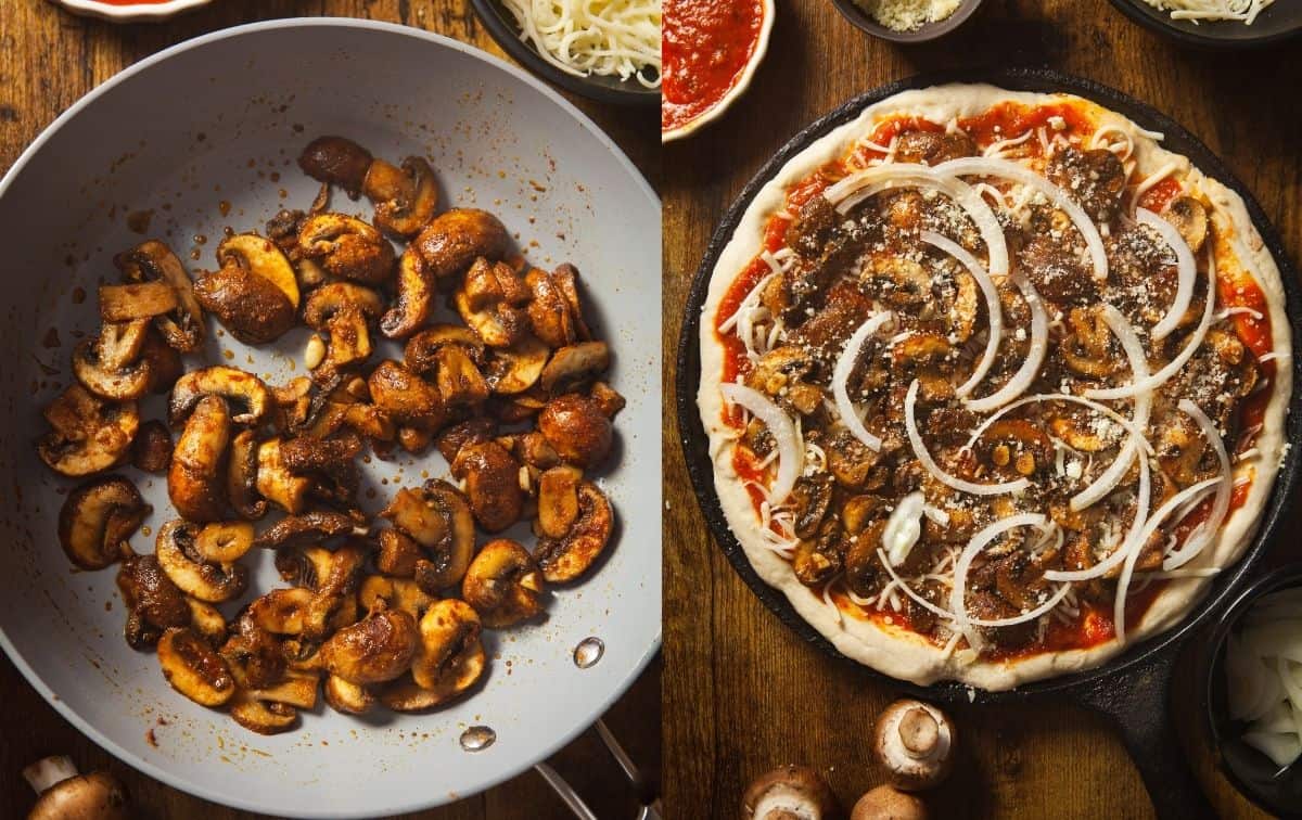 Sauteed Mushrooms and assembled pizza