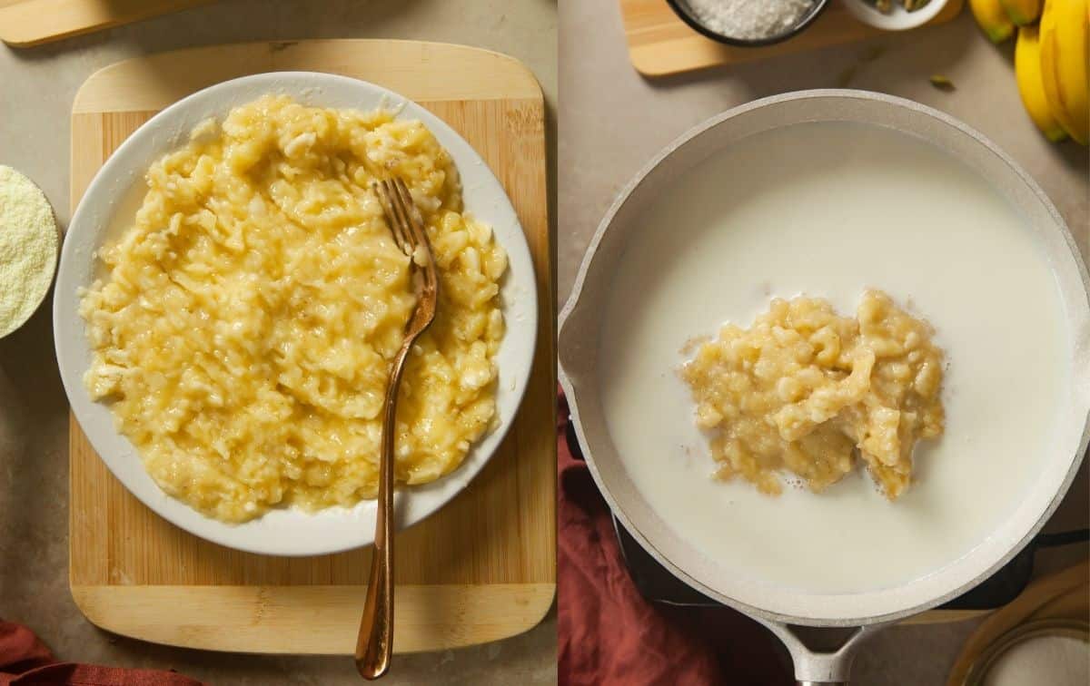 Steps In Making Banana Burfi. Mashed Bananas Added to Milk