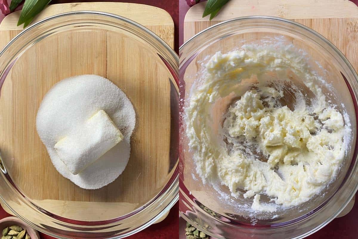 Steps of Making Mava Cake- creaming Butter & Sugar