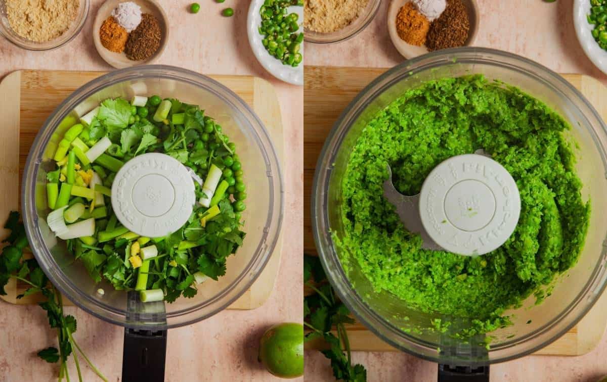 Step of cooking Ingredients Needed to Make Matar Paneer Tikki Chaat. Ground peas paste in a processor.  