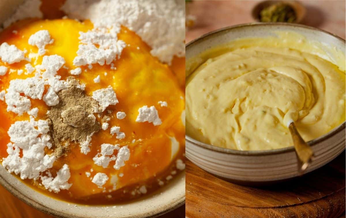 Strained yogurt Mixed with Shrikhand Ingredients like sugar, mango puree and cardamom powder