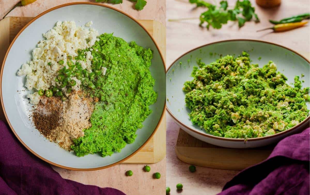 Step of cooking Matar Tikki.  Peas mixed with spices and paneer.