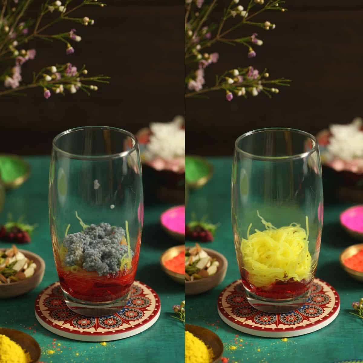 Falooda being layered in tall glass cups