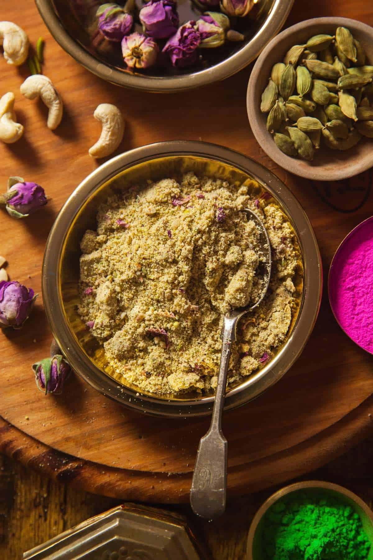 Instant Thandai Masala in a gold dish.