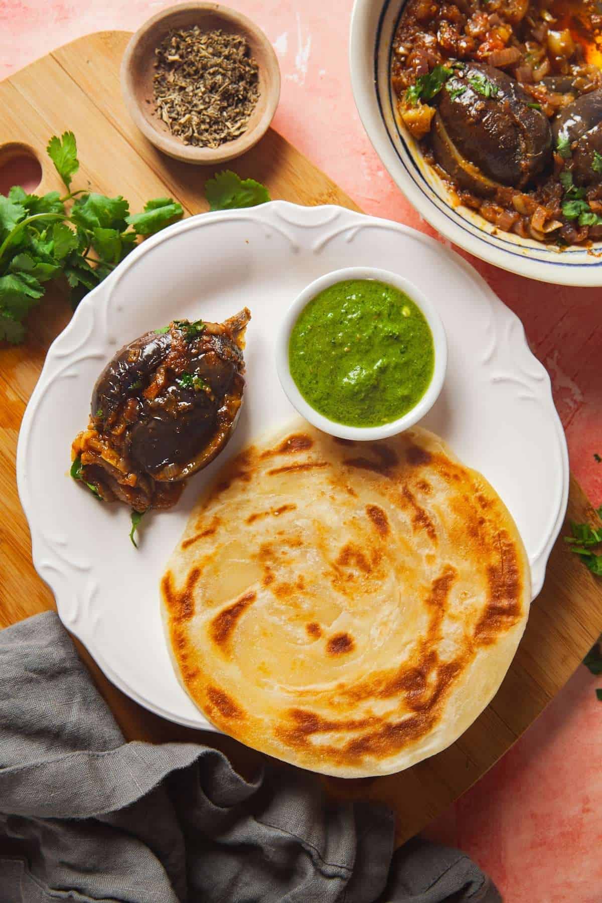 Stuffed Eggplant With Paratha & Green Chutney