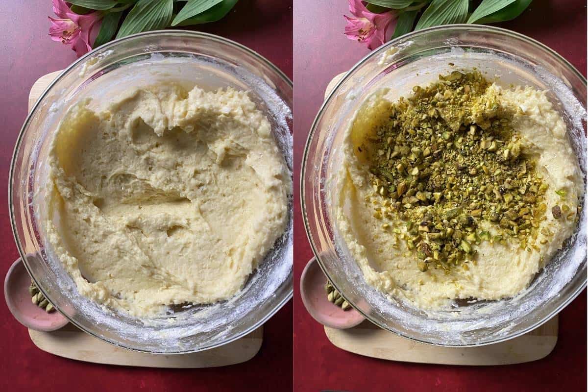 Add chopped pistachios to mawa cake batter