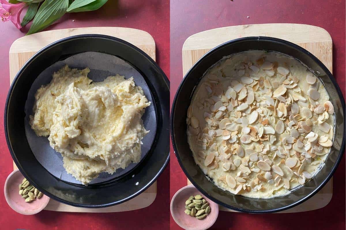 Mawa Cake batter in the pan ready to bake