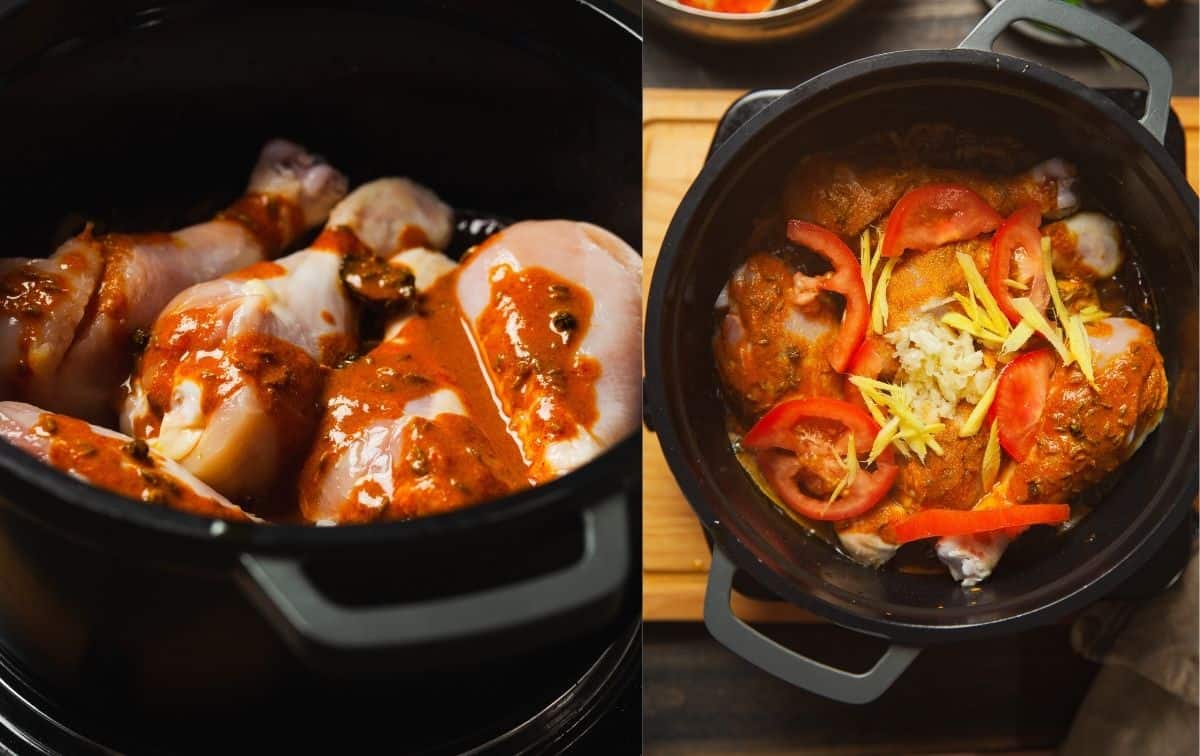 Steps-Add the Spices, Tomatoes, Ginger, Garlic & Salt