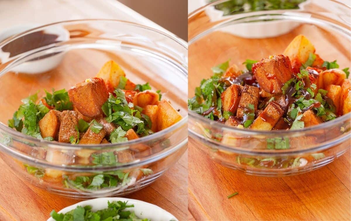 Tossing fried potatoes with spices & chutney