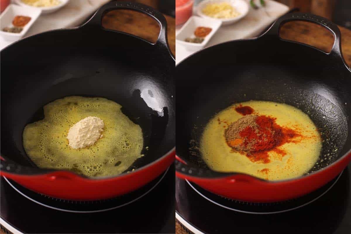 Steps of Making Paneer Bhurji- Saute Gram flour & Spices in Mustard Oil