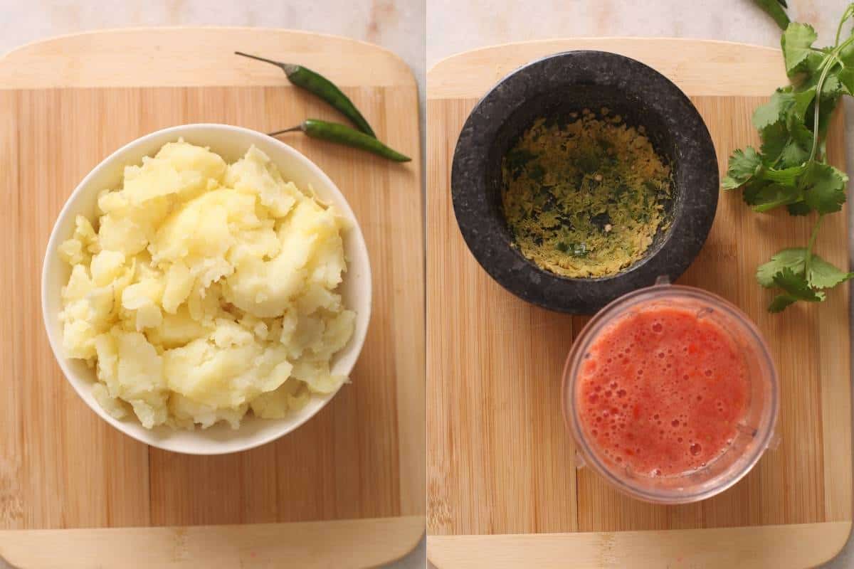 Process Steps for Making Fasting Potato Dish. Peeled and crumbled poatoes and crushed tomato