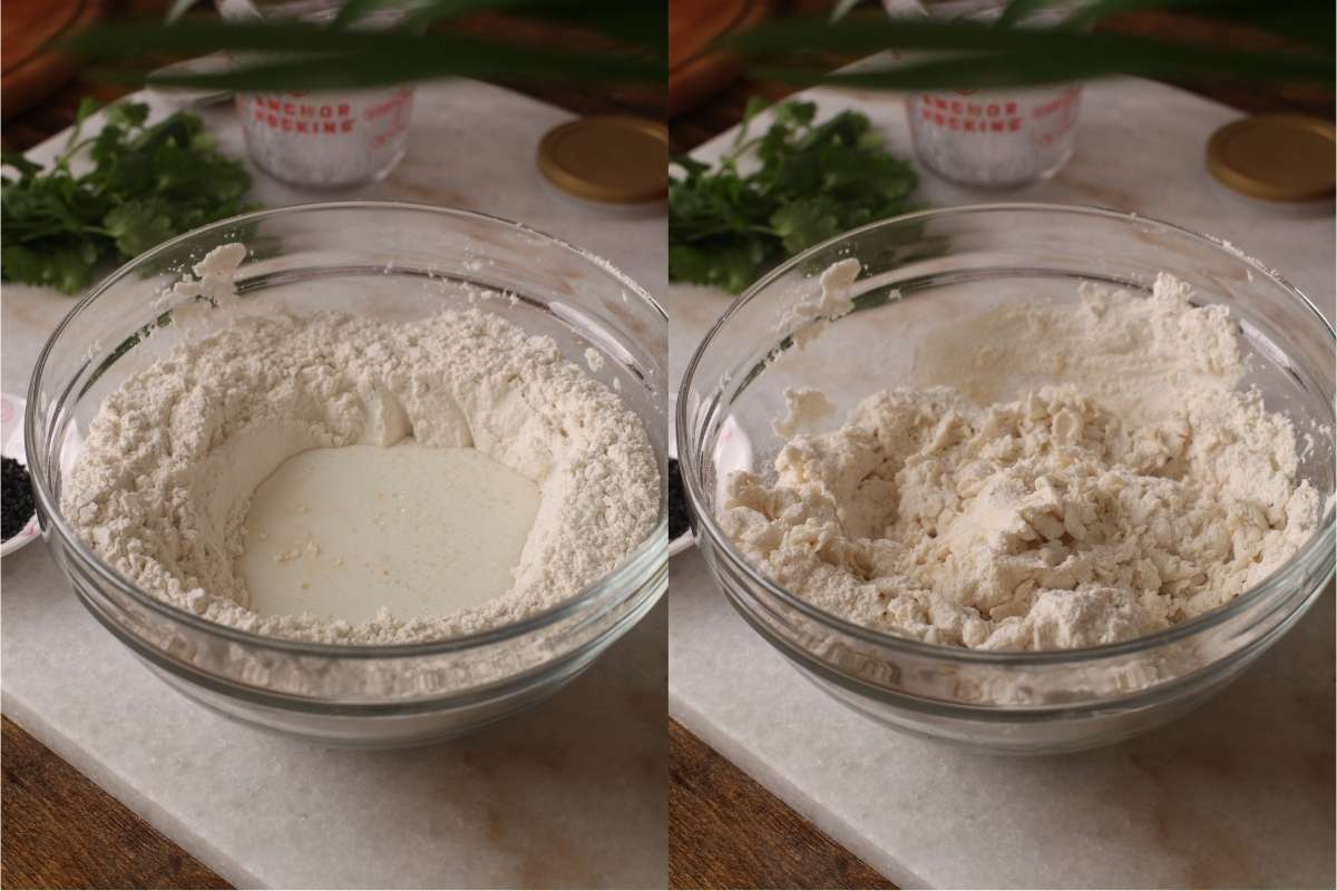 Adding Yogurt in center of flour