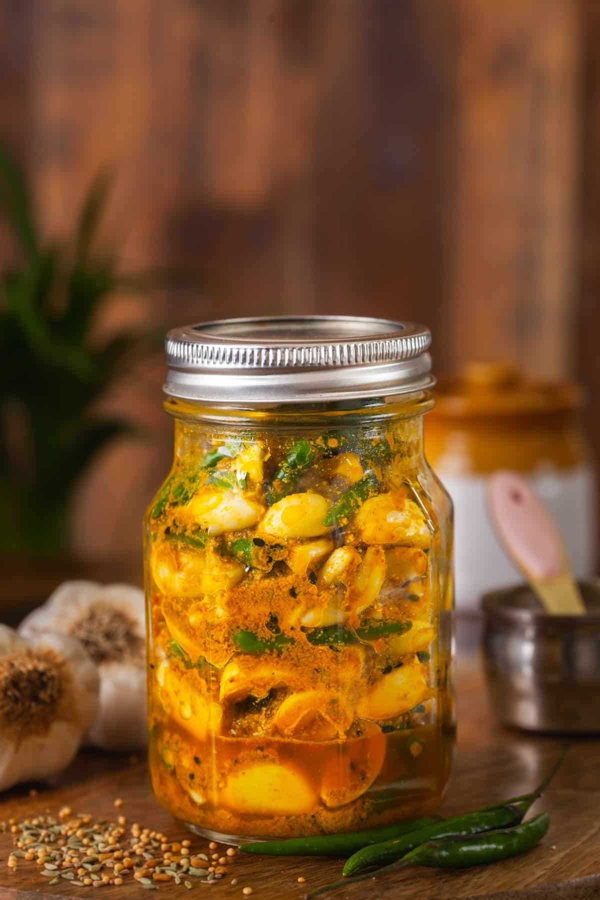 Spicy Indian Garlic Pickle in a Glass Jar