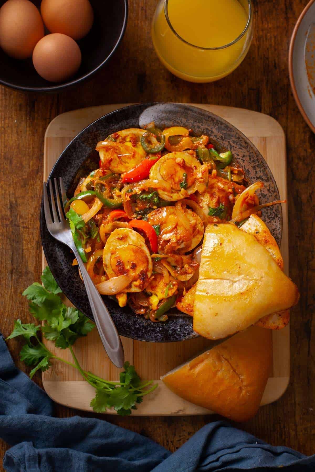 Tawa Egg & Pepper Fry With Crusty Bread and Orange Juice