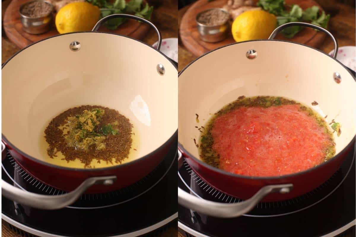 Tempering Oil with cumin, ginger garlic and tomatoes