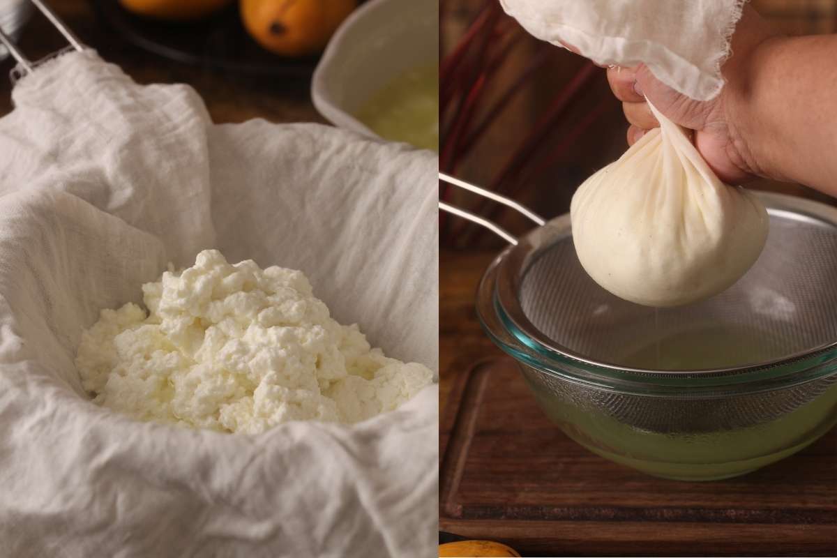 Straining curdled milk using  cheesecloth
